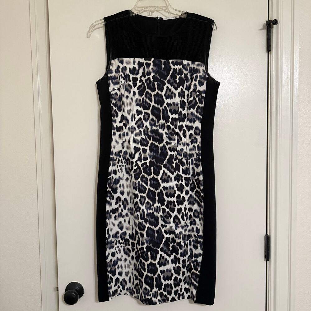 T Tahari Black Gray Leopard Animal Print Sleeveless Sheath Dress Womens 8 EUC